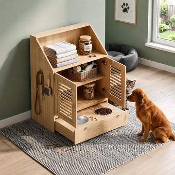 Dog Feeding Station with Storage & 2 Elevated Bowls, Natural