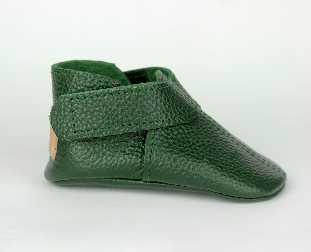 Handmade Genuine Leather Baby Shoes, Soft Sole Infant Moccasins, Emerald Green Toddler Booties, Newborn First Walker