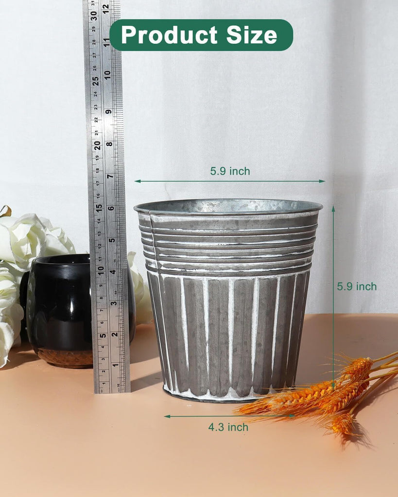 6 Inch Silver Metal Rustic Flower Pots - 6Pcs Galvanized Planters with Drainage Hole and Rubber Plug, Rustproof Metal
