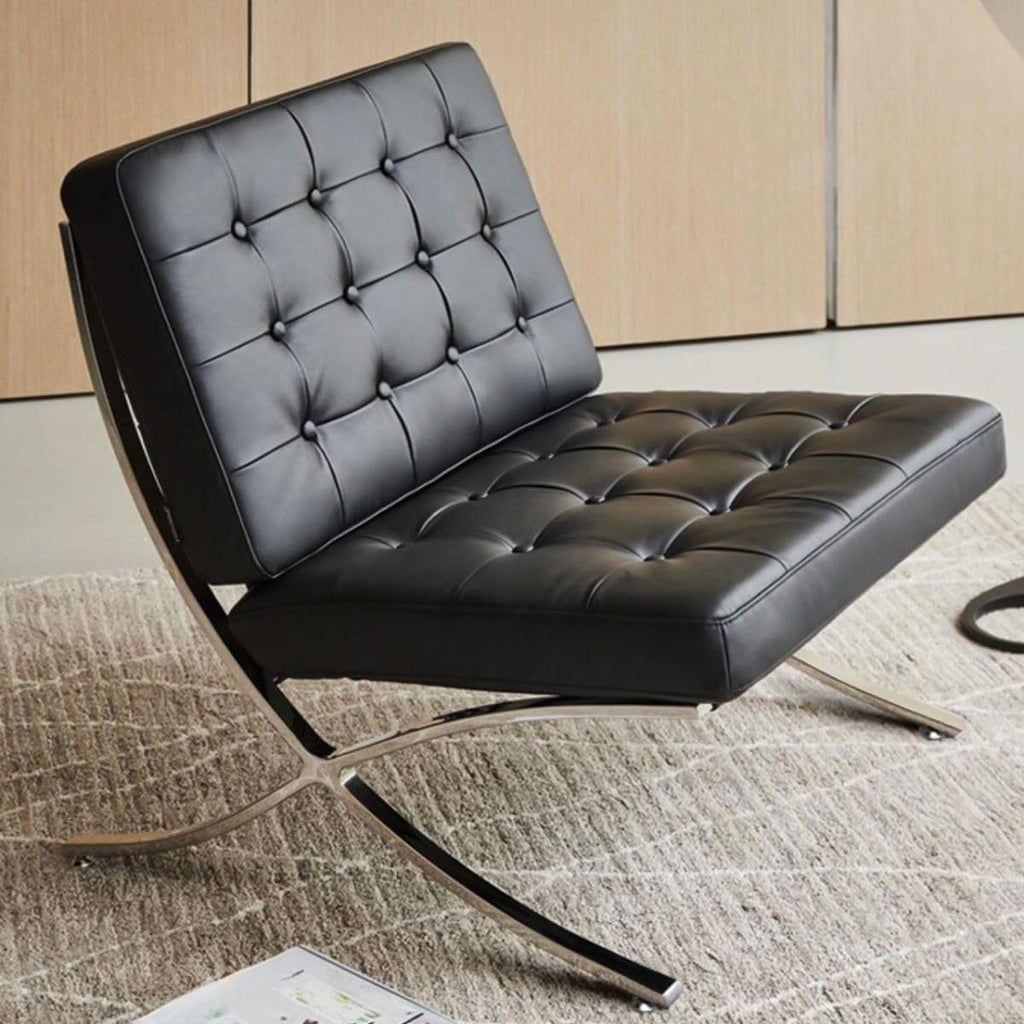 Inspired Barcelona Style Leather Lounge Chair and Ottoman — Black Oiled Leather, Extended Seat (31.5″L)