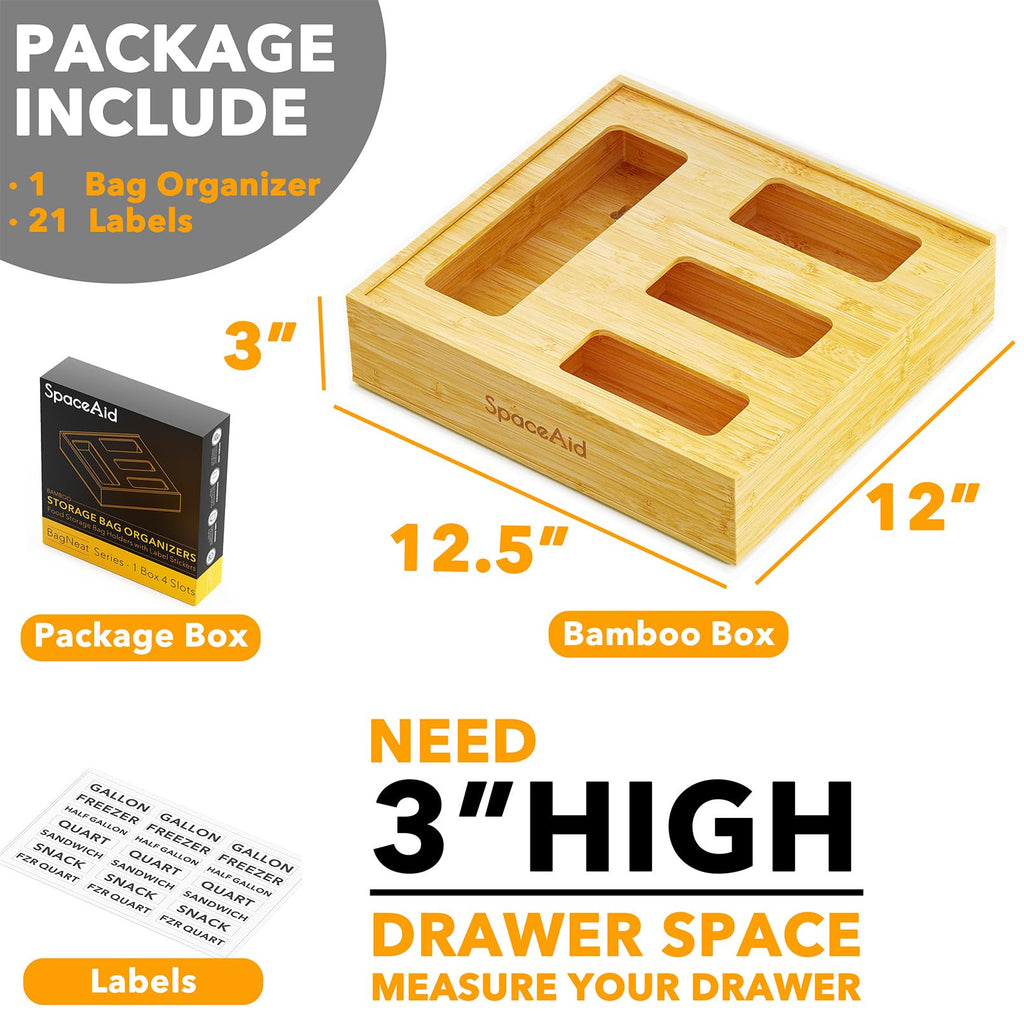Bag Storage Organizer Drawer, Bamboo Organizer, Compatible with Gallon, Quart, Sandwich and Snack Variety Size Bag (1