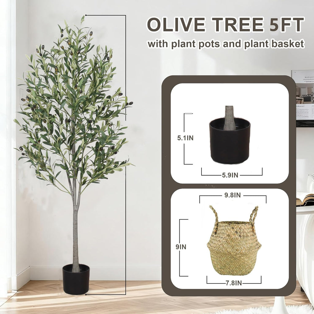 5-Foot Artificial Olive Tree, Indoor Artificial Plant, with Natural Trunk and Realistic Leaves and Fruits, Used