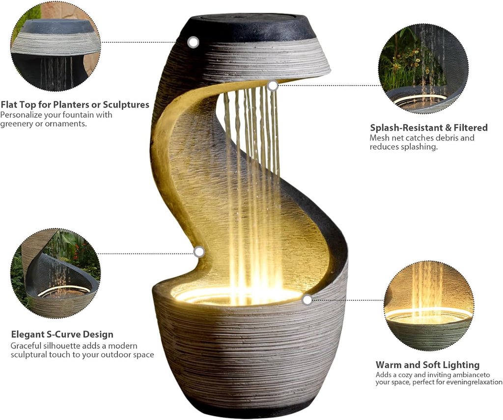 37" Tall S-Shaped Outdoor Waterfall Fountain - Rainfall Water Fountain
