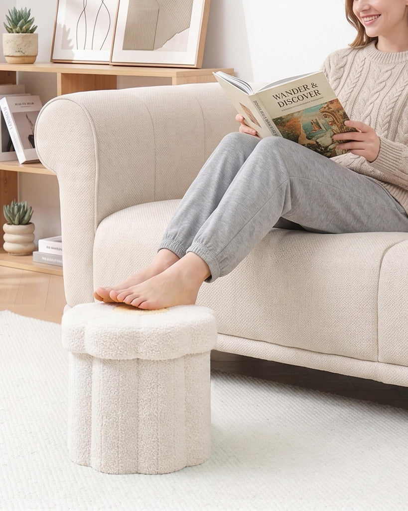 Folding Storage Ottoman, Cream Boucle Daisy Footstool