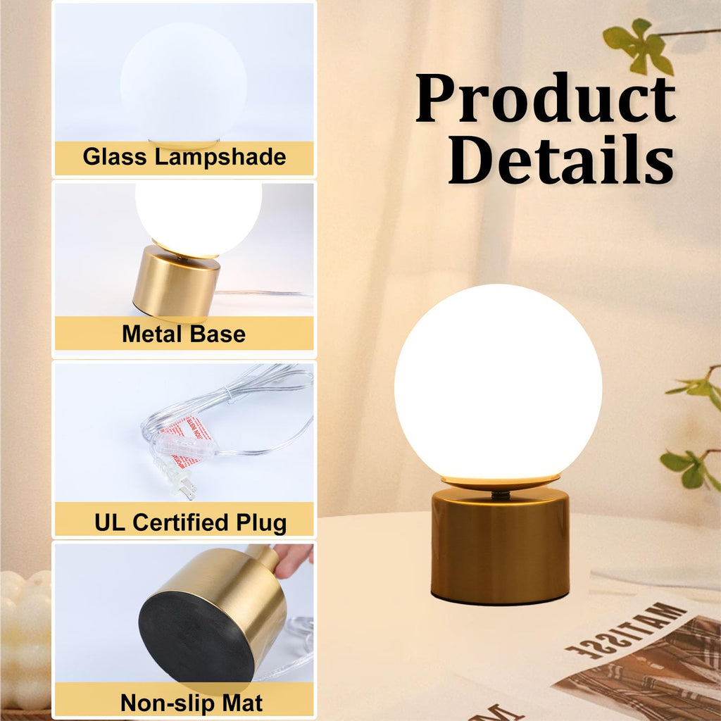 9 Inch Modern Gold Globe Table Lamp, Vintage Mid Century Round Table Lamp with Milk White Glass Shade Metal Base