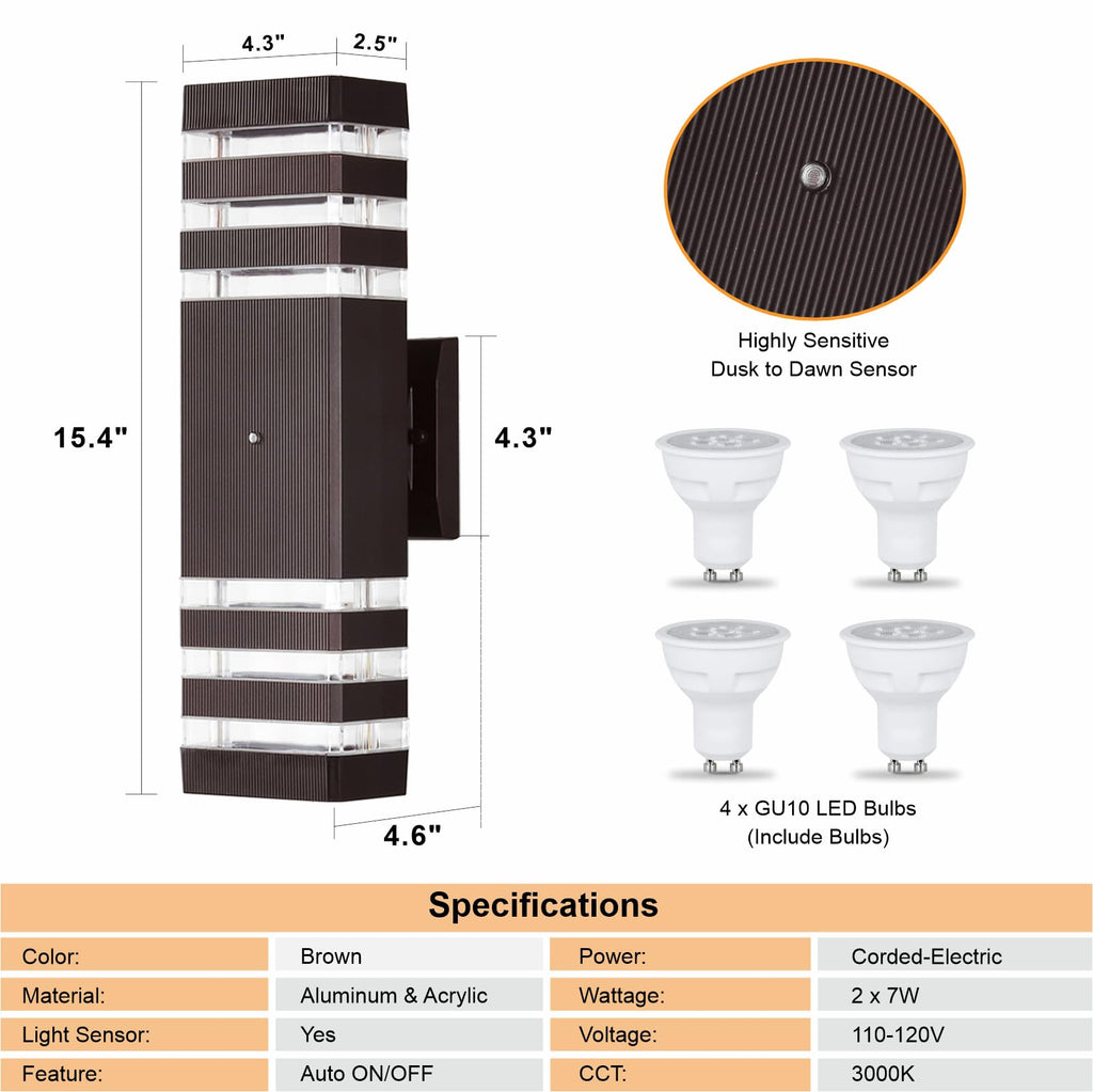 2 Pack Dusk to Dawn Outdoor Light Fixture, Modern Wall Lights Brown Exterior Sconce, 3000K Up and Down Porch Lights