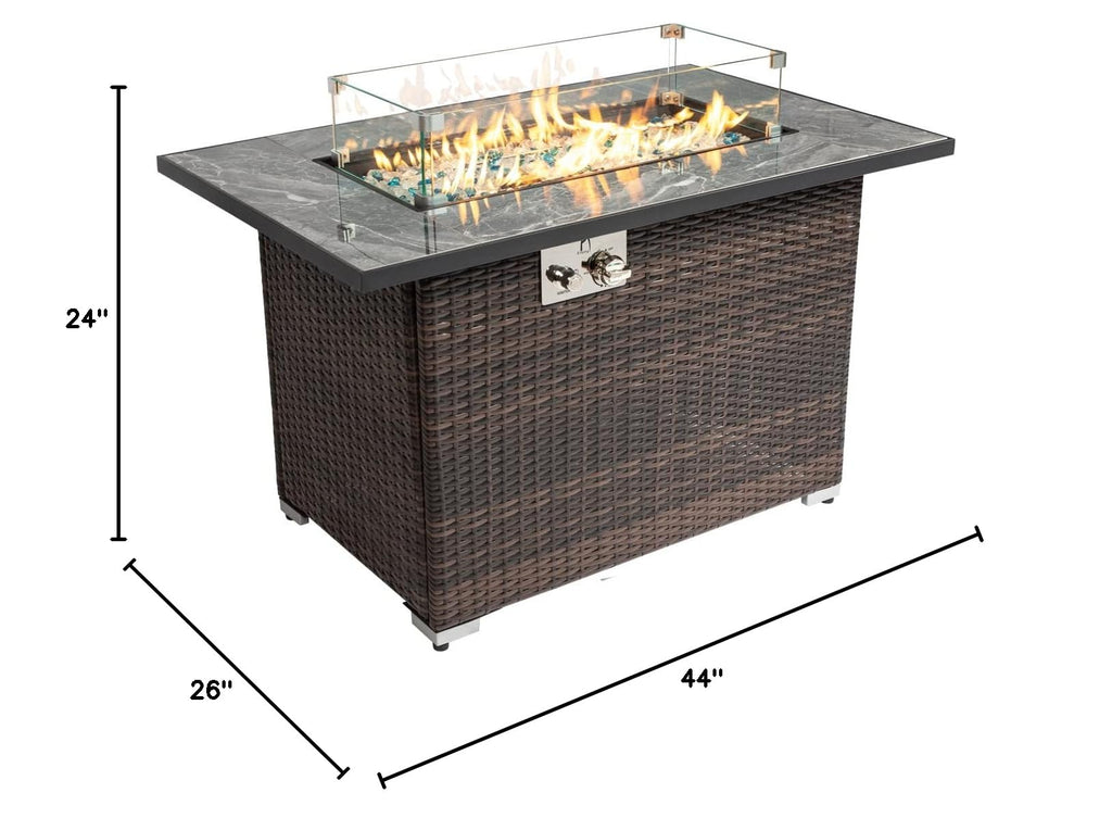 44in Outdoor Propane Gas Fire Pit Table, 50, 000 BTU Auto-Ignition Gas Firepit with Glass Wind Guard, Marble Tile