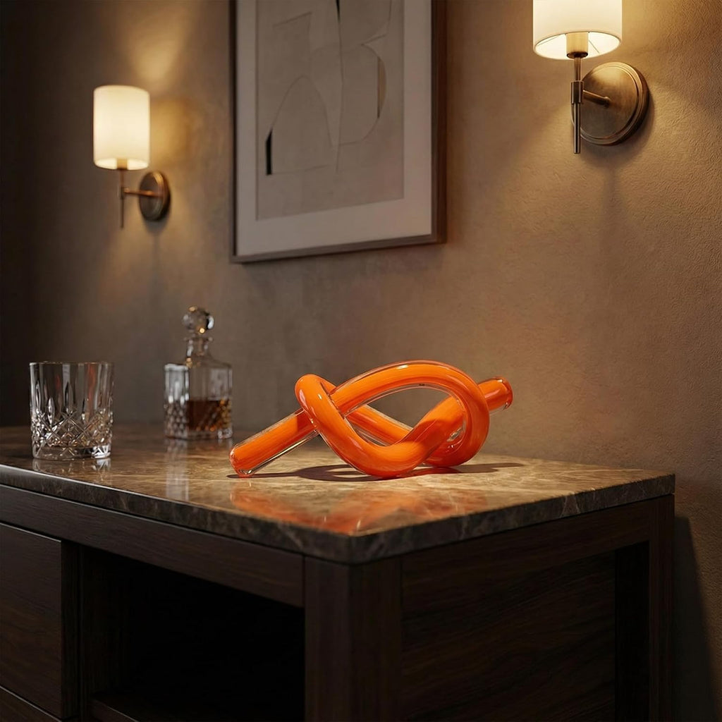 Orange Abstract Glass Knot Sculpture, Hand Blown Glass Decor for Coffee Table TV Cabinet, Shelf or Mantel Accent
