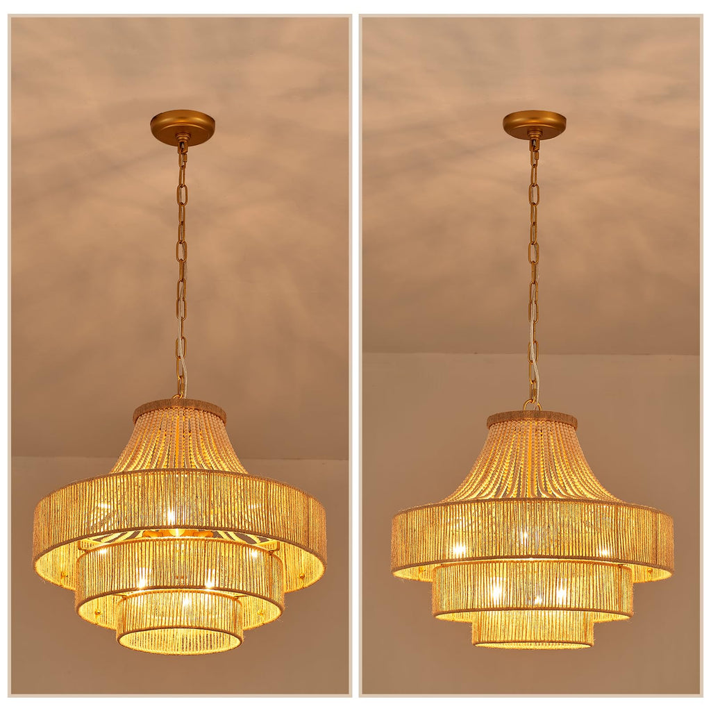 Wood Beaded Rattan Chandelier Boho Hand 6-Lights Adjustable Coastal Pendant Lighting Fixtures for Dining Living Room