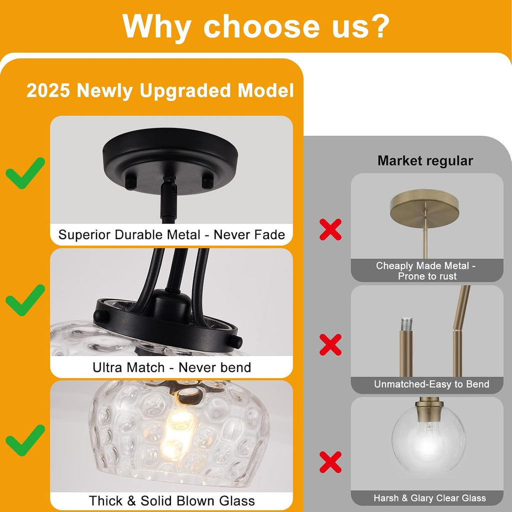 Modern Pendant Lights Kitchen Island, Matte Black Pendant Light Fixtures with 10" Clear Hammered Glass Shade