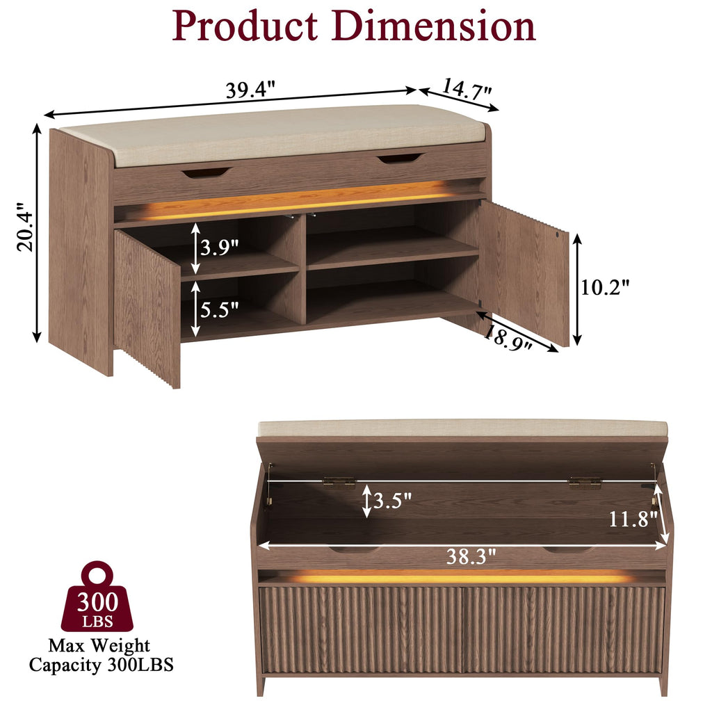 Shoe Storage Bench, Modern Entryway Bench with Fluted Doors & Built-in LED Sensor Light, Wooden Shoe Bench with