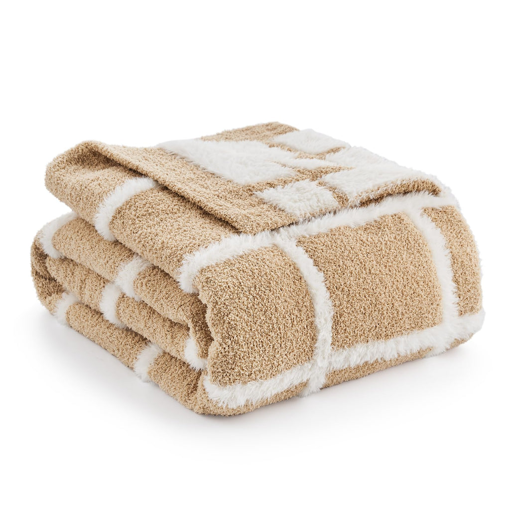 Faux Fur Throw Blanket, Plaid Beige, 50"x60"