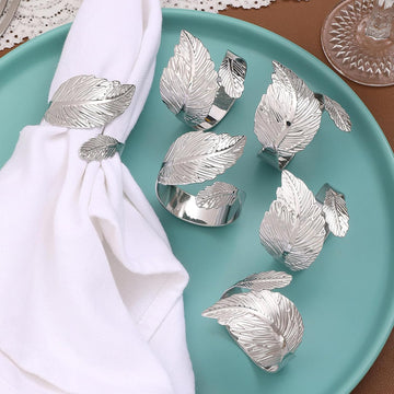 Silver Napkin Rings,Shiny Metal Leaf Napkin Ring Silver Napkin Holder for Table Setting Decor,Stylish Rings - Set of 12