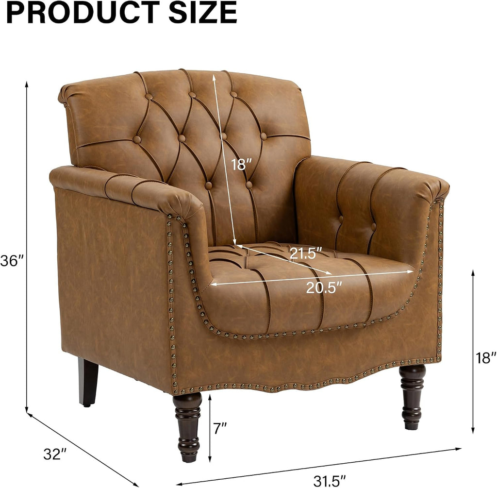 Faux Leather Accent Chairs, Comfy Club Armchair, Camel - Set of 2