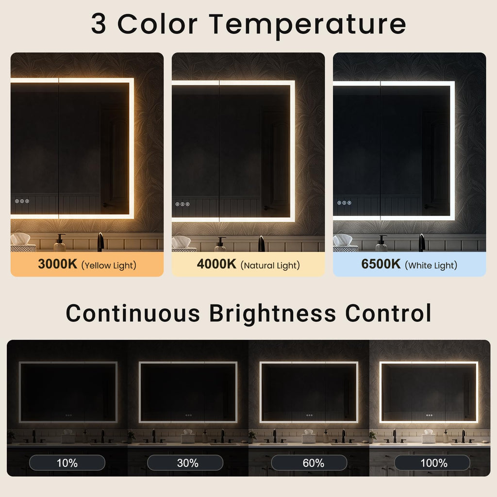 48x30 Black Medicine Cabinet with Lights, AL Alloy Frame, Plug-in/Hardwired, Recessed/Wall Mount, Anti-Fog, 3 Mirror