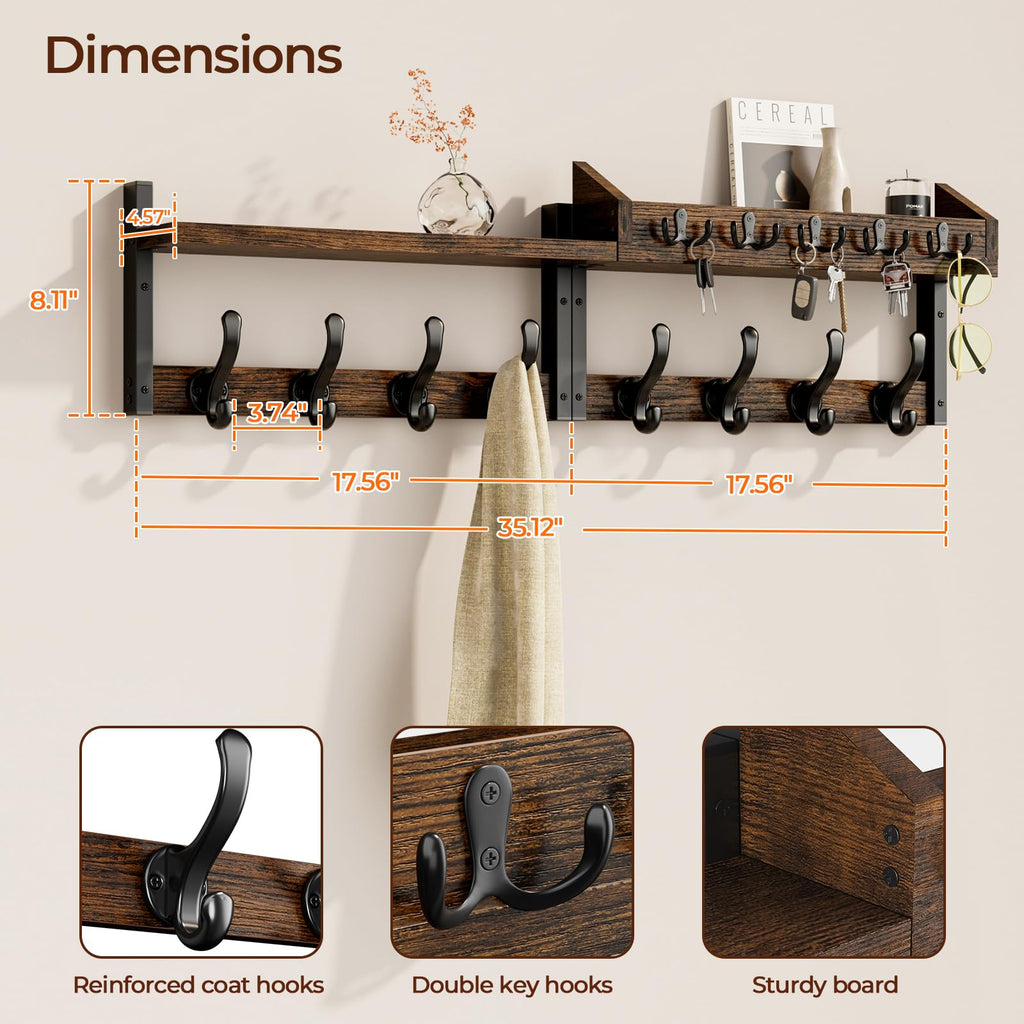 35" Coat Rack Wall Mount with Shelf, Rustic Brown