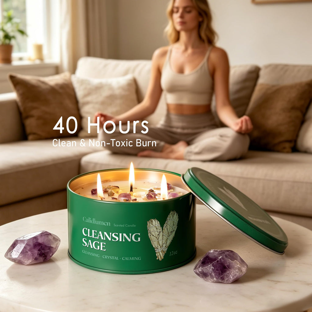 Sage Candle for Cleansing with Crystal - 3 Wick 24 oz 2PC