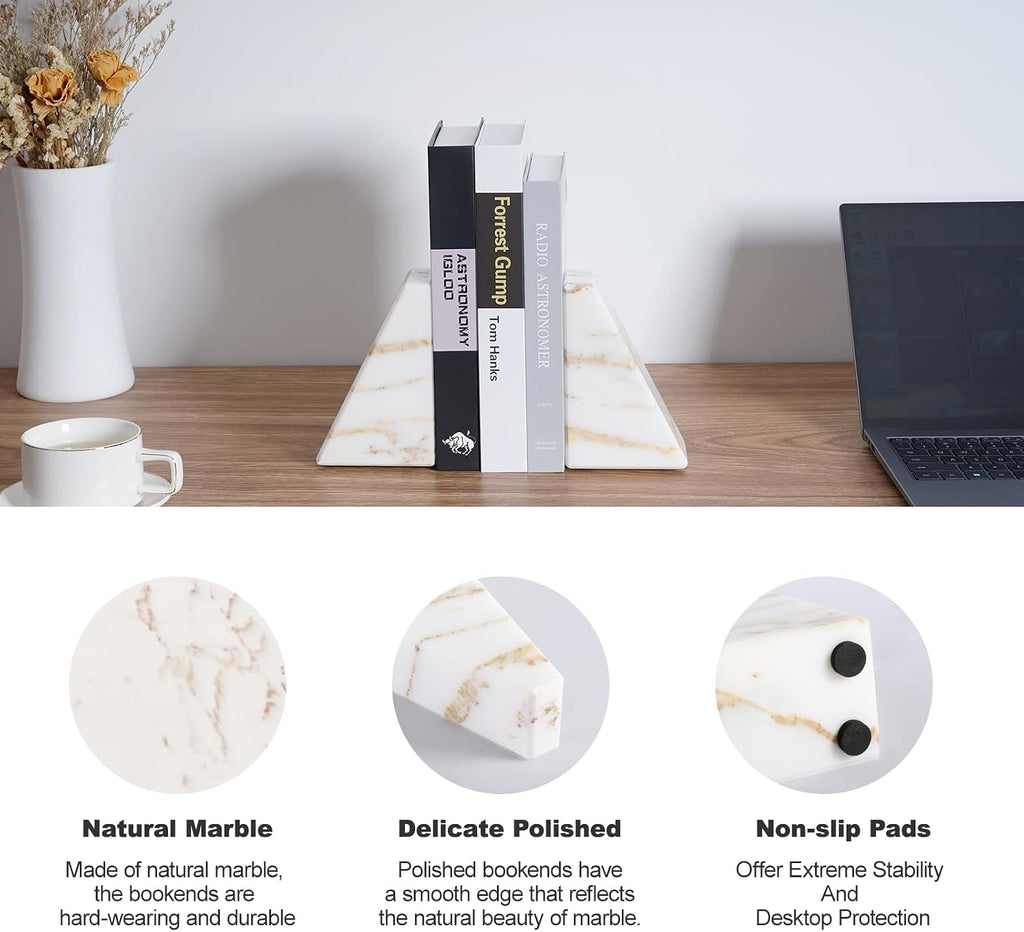 Marble Bookends for Heavy Books, Calacatta Decorative Book Ends for Shelves, Unique and Heavy Bookends for Hardback