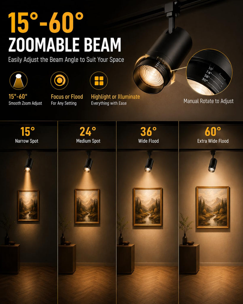 30W Zoomable LED Track Lighting Heads, Remote Control H Type Track Light Fixtures, 15°-60° Beam Angle