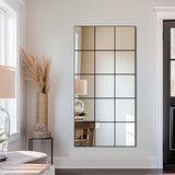 Full Length Mirror, 28"x 55" Window Pane Decorative Mirror for Wall, Black Metal Framed Wall Decor, Wall Mounted
