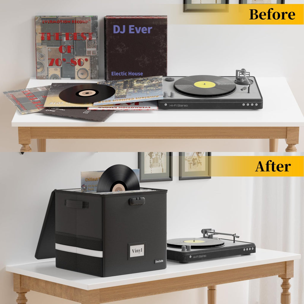 Vinyl Record Storage Box with Lock, Fireproof&Water Resistant Record Organizer Storage for 100+ Single