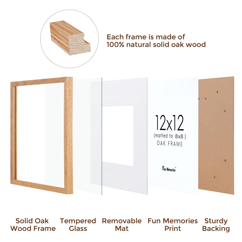 12x12 Picture Frame, Solid Oak Wood 12"x12" Photo Frame for Wall, 12 x 12 Frame Matted to 8 x 8, Square 12x12 Frame