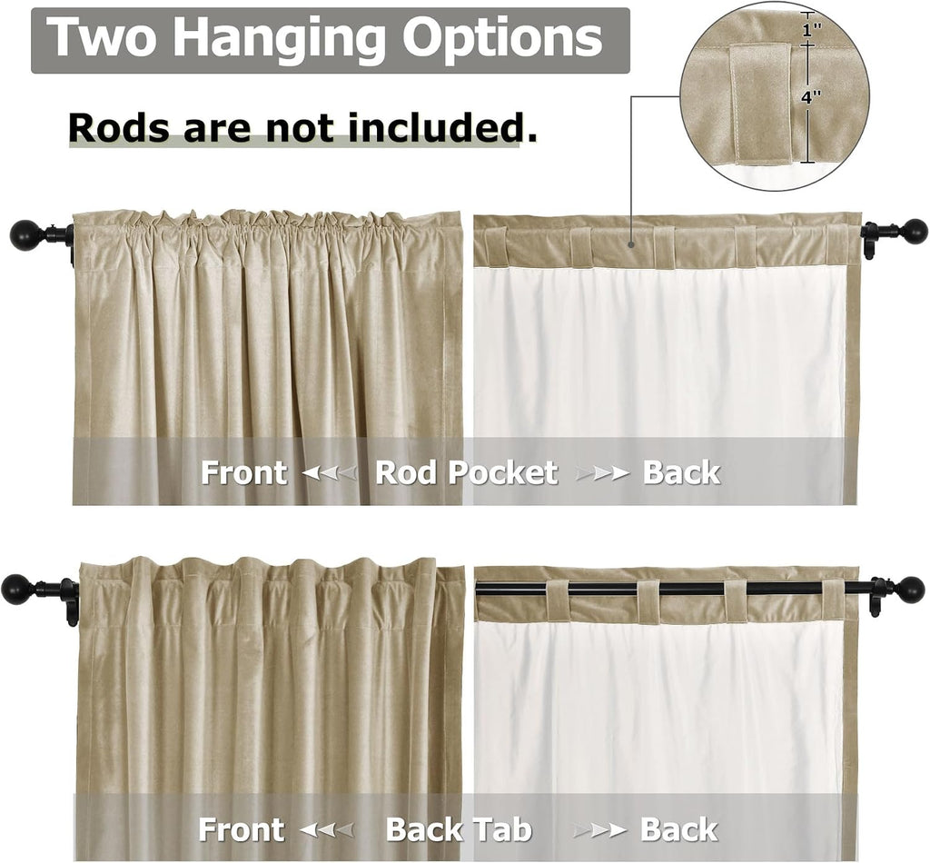 Velvet Curtains with Blackout Lining 72" W x 84" L Indoor Heat Insulated Soft Luxury Back Tab/Rod Pocket 2 in 1