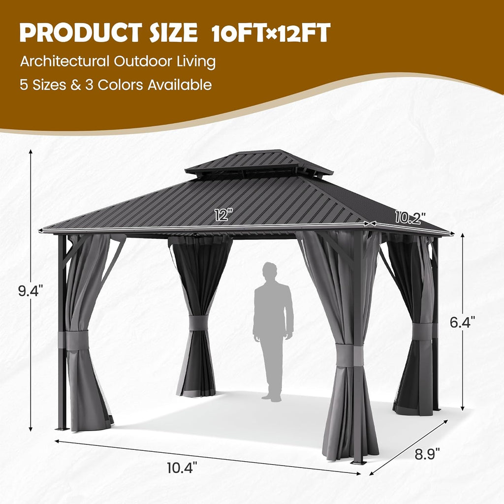 10'x12' Hardtop Gazebo, Metal Gazebo with Galvanized Steel Double Roof, Permanent Patio Pavilion for Dining Parties