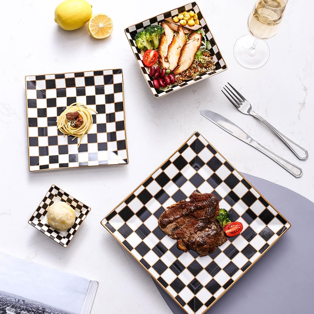 Checker Porcelain Square Dinnerware Set for 4, Dishes Set for 4 with 3.3-inch Dipping Saucers, Black and White Plates