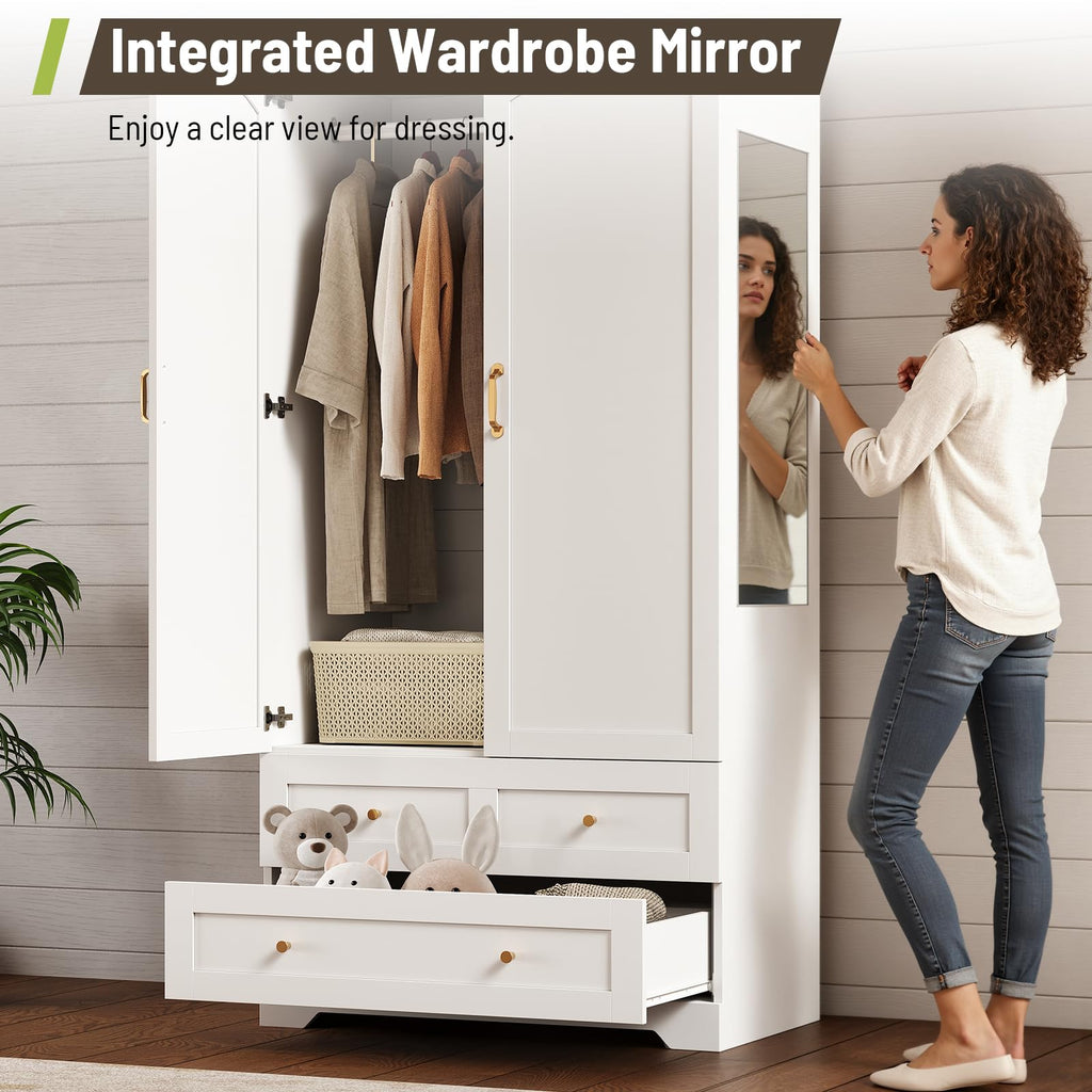 Armoire Wardrobe Closet with 2 Drawers & Mirror, White