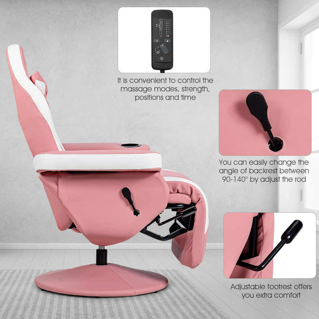 Pink Massage Gaming Chair, Racing Style Gaming Recliner w/Adjustable Backrest and Footrest, Ergonomic High Back PU