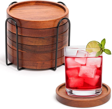 Wooden Coasters with Holder, Acacia Wood Drink Coasters for Farmhouse, Patio, Bar Decoration - Set of 6