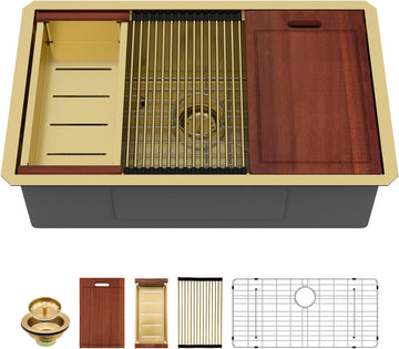 32 Gold Undermount Kitchen Sink 32" x19" Gold Sinks Workstation | 10" Deep 16 Gauge Stainless Steel Single Bowl Round