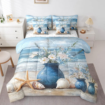 7 Piece Coastal Beach Floral Bedding Set, Ocean Waves Starfish Sea Shell Bed in a Bag with Sheets, Aesthetic