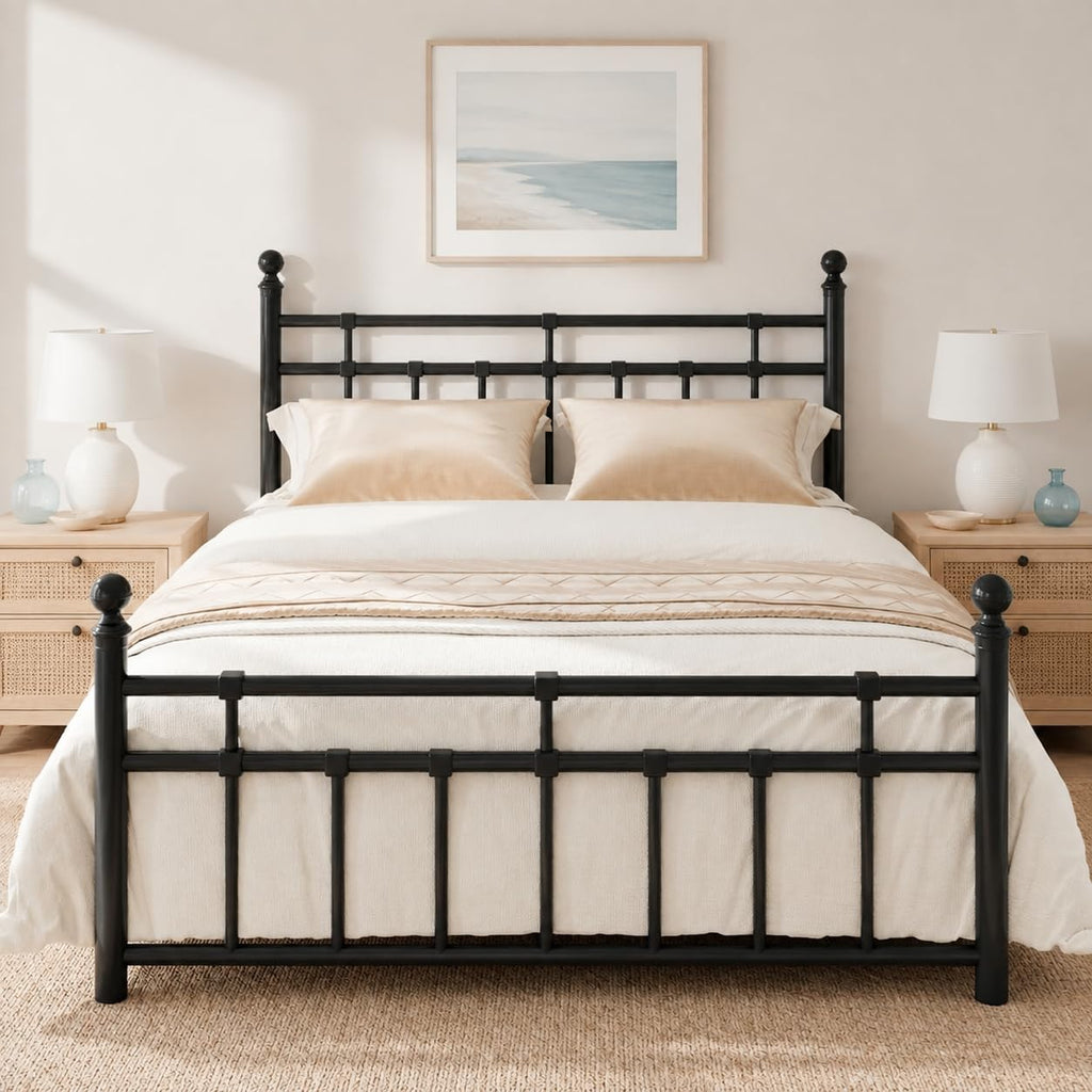 Metal Bed Frame with Vintage Headboard and Footboard, Farmhouse Bed Frame, Under Bed Storage, No Box