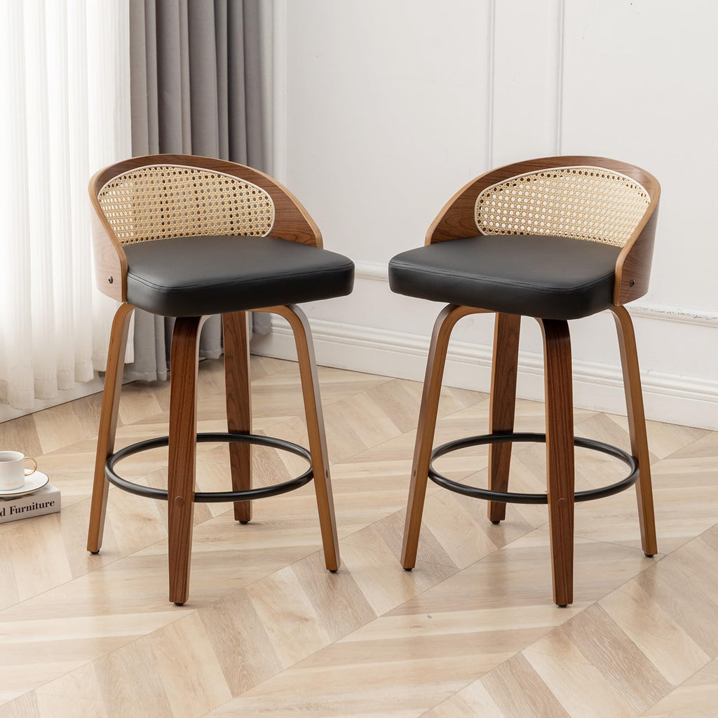 30" Swivel Rattan Bar Stools, Mid-Century Modern Faux Leather Upholstered Bar Height Stools Kitchen Island Barstool