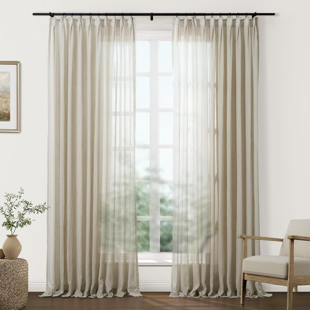 Light Brown Linen Textured Sheer Curtains 102 Inches Long Pinch Pleat Drapes for Living Room Bedroom Faux Linen