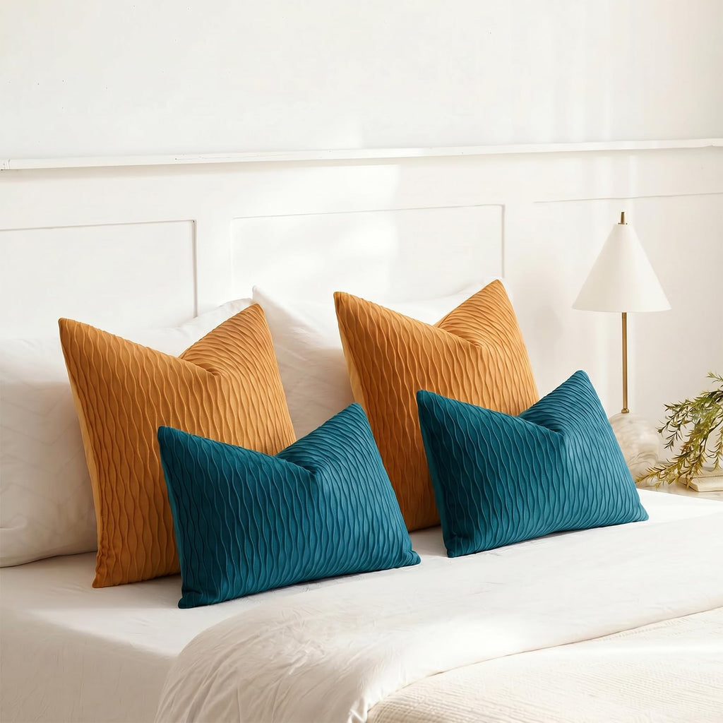 Fall Golden Yellow Couch Pillow Covers: Pack of 2 16x16 Inch Vertical Ripple Striped Velvet Square Throw Pillow Cases