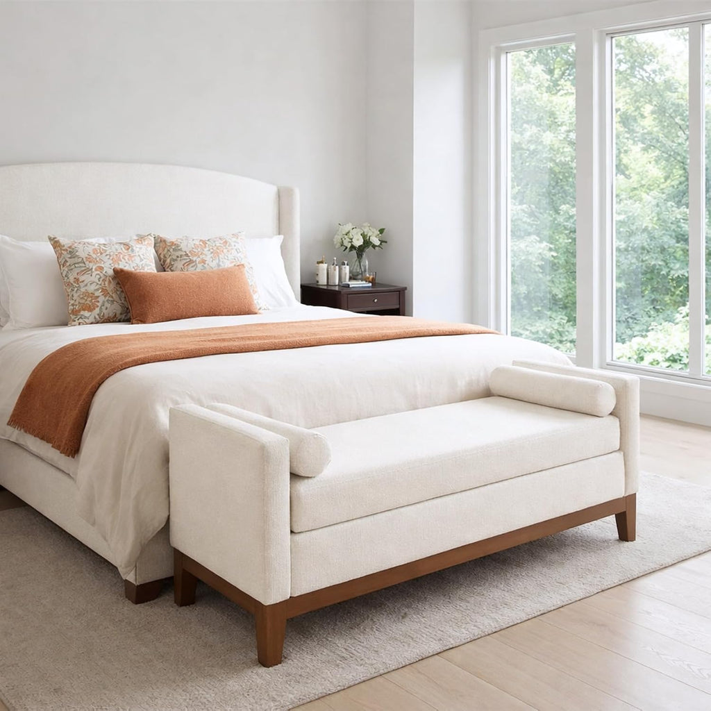 End of Bed Bench , 51'' Boucle Full Size Bench , Cloakroom, Window Bench (Ivory).