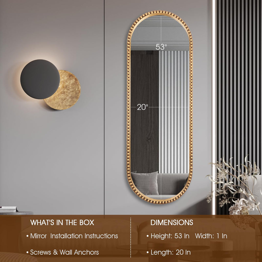 Oval Full Length Mirror, 20"x53" Metal Beaded Frame Large Hanging Dressing Floor Mirror, Antique Gold (No Stand)