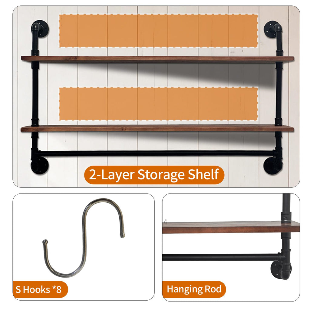 Industrial Pipe Shelving Wall Mounted, Pipe Shelves with Plank(2 Tier 42In)