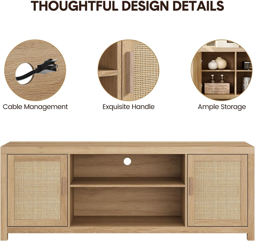 Rattan TV Stand for 75 inch, Boho Entertainment Center with Adjustable Shelves, Natural Oak TV & Media Cabinet 2-Tier
