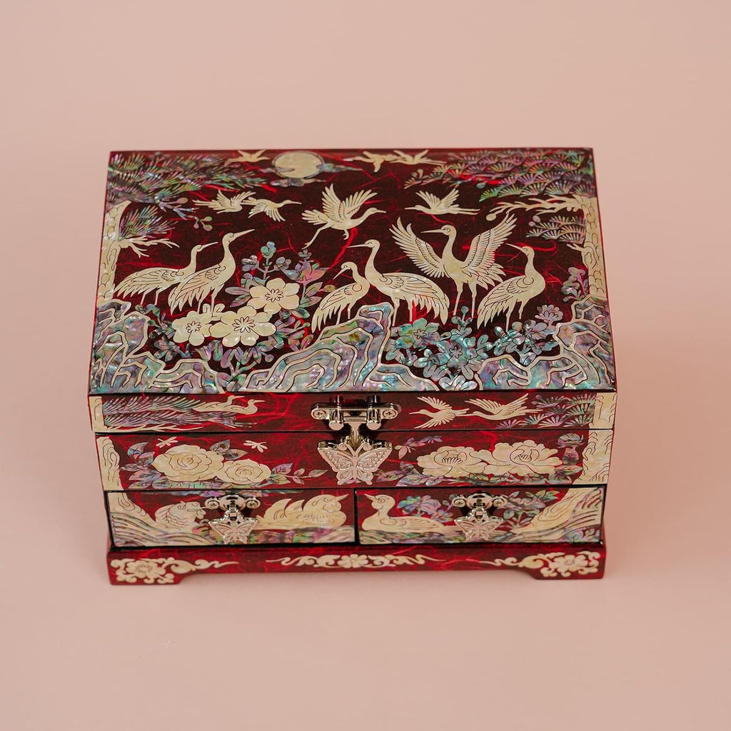 Korean Mother of Pearl Jewelry Box - 2-Drawer Keepsake Box with Mirror, Traditional Oriental Trinket Organizer - Gift