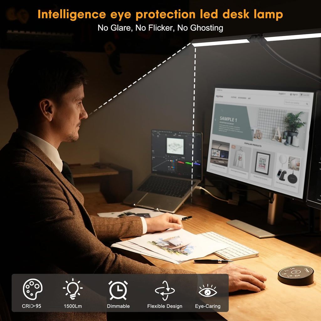 Led Desk Lamp Home - Eye Caring Architect lamp with Clamp,Dual Screen Computer Monitor Work Smart Light: 24W 5 Color