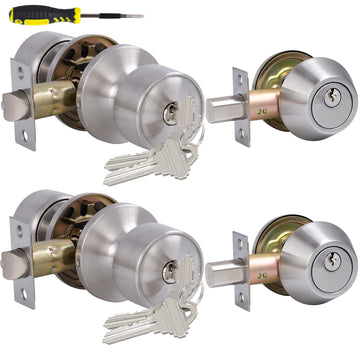 2 Sets Keyed Alike Entry Door Knobs and Single Cylinder Deadbolt Lock Combo Set Security for Entrance and Front Door