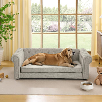 Elegant Elevated Dog Sofa Bed - Oversized Linen Fabric Pet Couch with Thick Padding, Durable Stitching & Modern