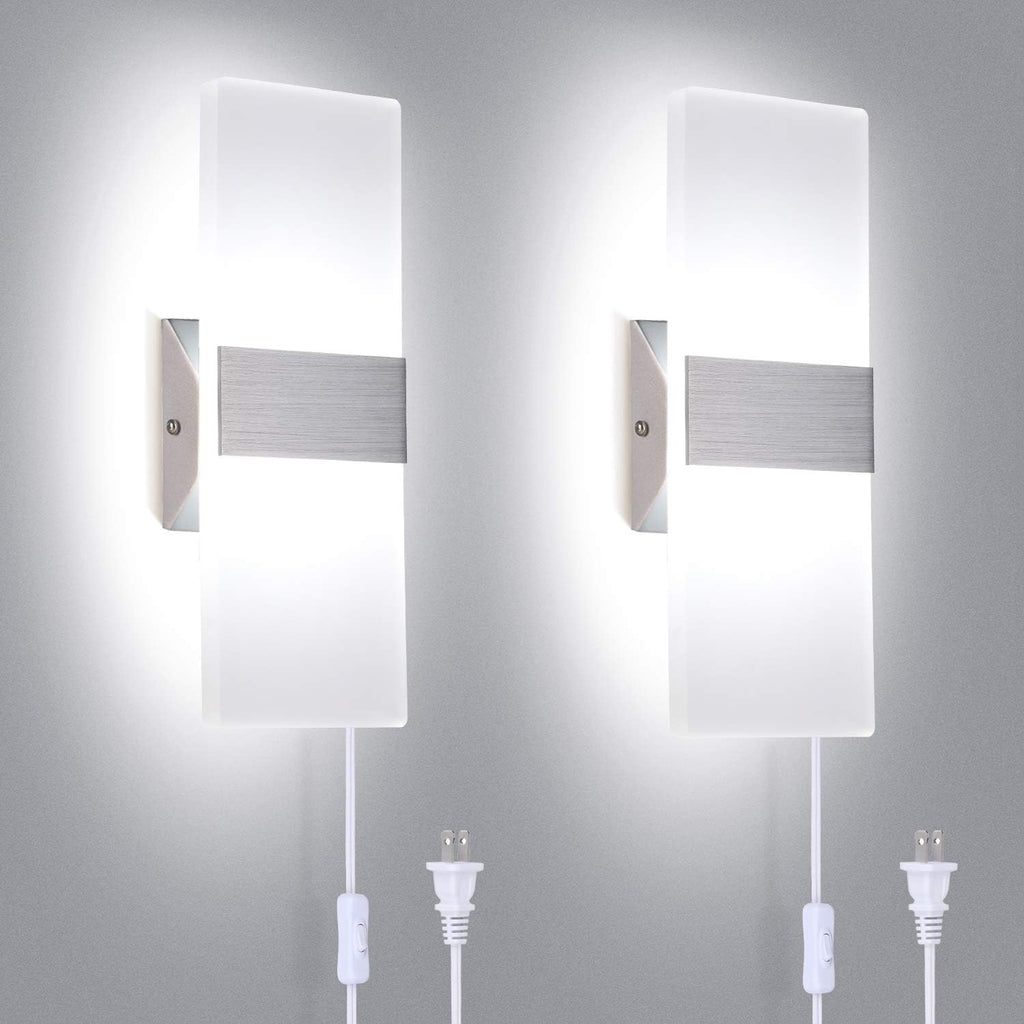 Modern Wall Sconces Set of 2, Wall Sconce Plug in 12W LED 6000K Cool White Acrylic Wall Mounted Light Wall Lights