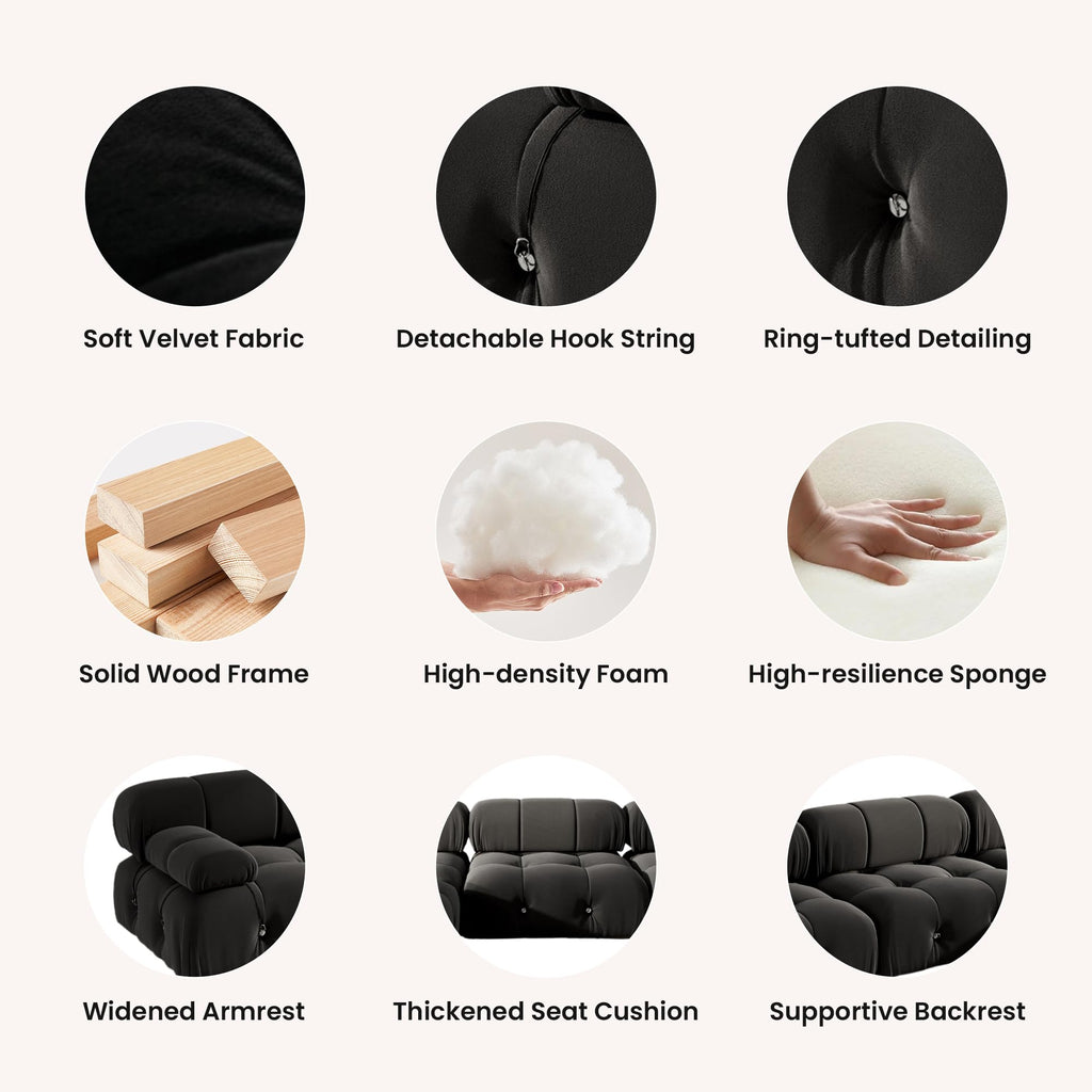 104'' Modular Sectional Sofa, Modern Luxury Velvet Bubble Couch, Deep Seat Cloud Sectional Black Couches (3 Seats