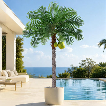 7ft Tall Artificial Phoenix Palm Tree with 3 Coconut Fruits, Large Fake Tropical Silk Tree Outside, Fake Tree Perfect