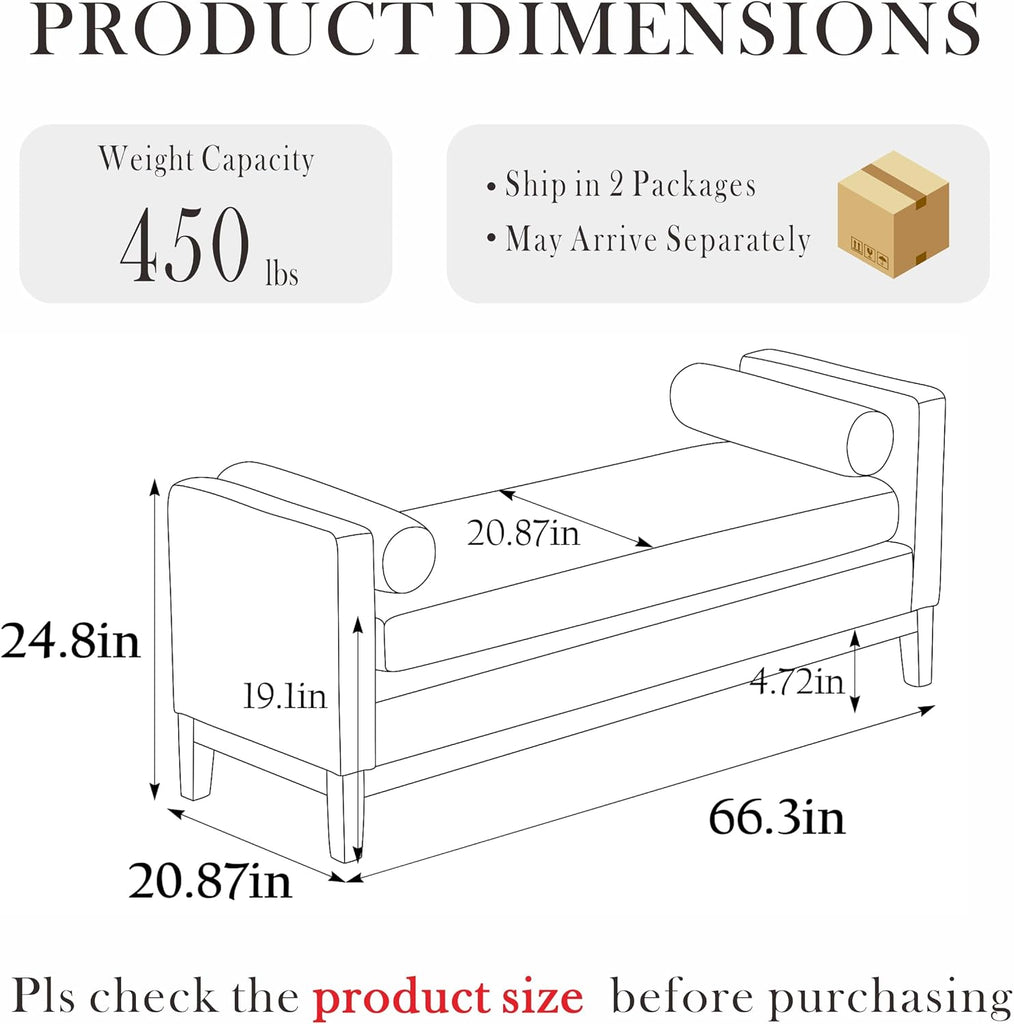 66.34" W King Size Bench for End of Bed, Upholstered Bench with Pillows & Natural Wood Legs /Entryway/Living Room